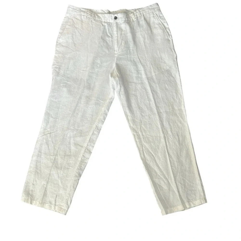 Tasso Elba 100% Linen Chino Pants White Semi Sheer 36x27 Coastal‎ Lightweight